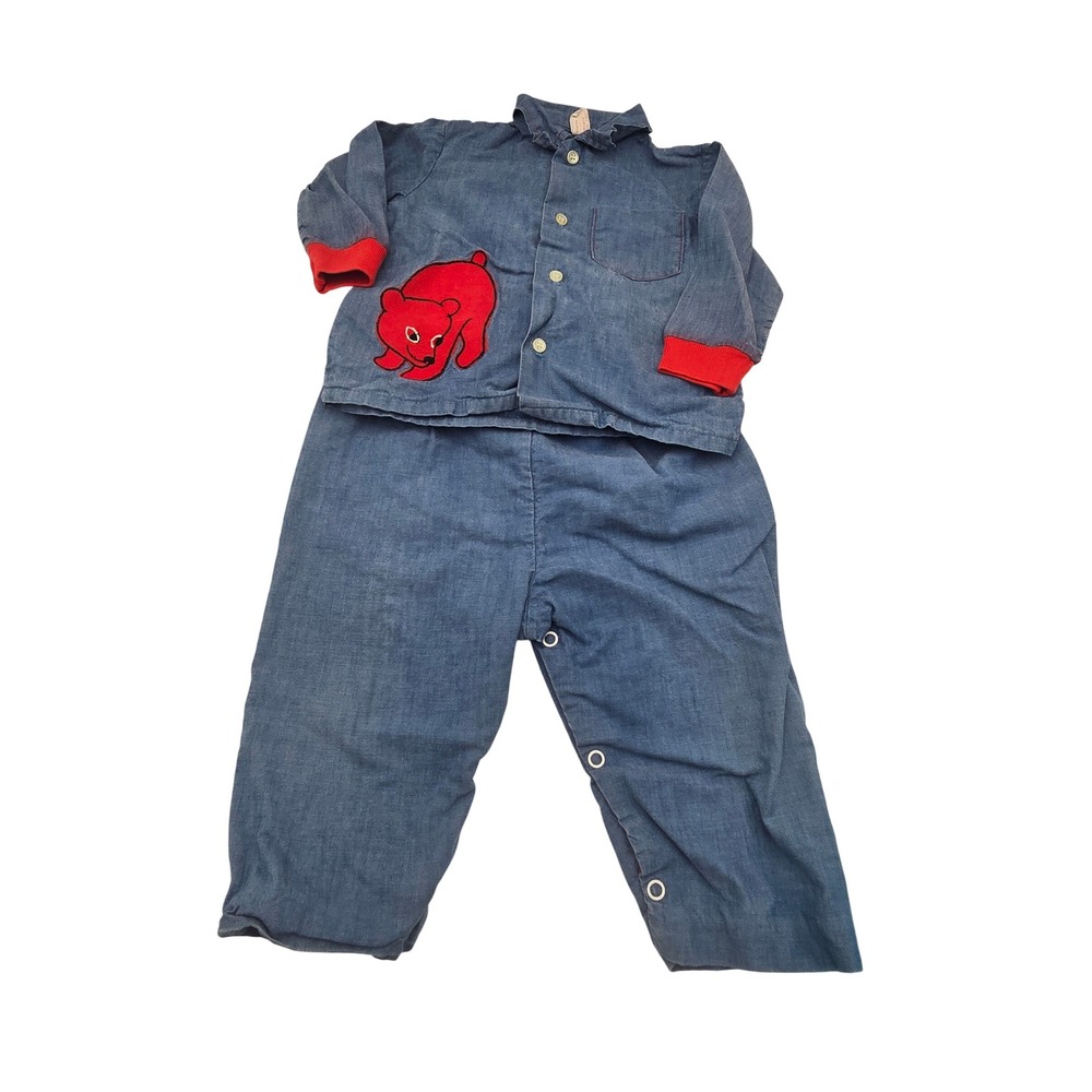 Vintage Wonderalls Baby Blue Chambray Bear Applique Too Fleece Lined overalls